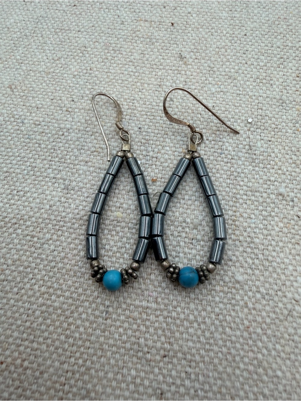 Teardrop Hematite and Turquoise Accent Earrings